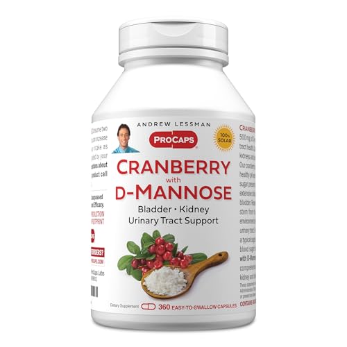 ANDREW LESSMAN Cranberry with D-Mannose - 360 Capsules - Supports Bladder, Kidney and Urinary Tract Health. High Potency Standardized Cranberry Concentrate and D-Mannose. Easy to Swallow Capsules