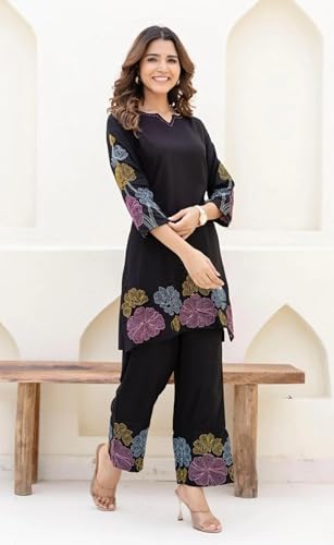 Image of Asmeriyo Women Embroidered Co Ord Set with Side Pocket | Women 2 Pic Kurta Set I Fancy Kurta Set | Stylish Kurti Outfit | Co-Ordination Wear | Festive and Casual wear (210-A-B-19-02)