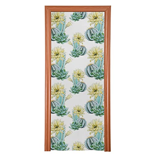 Poeticcity Turquoise Green Cactus Cacti Yellow Flowers on White Door Cover, Washable Fabric Durable Door Decoration Silk Microfiber for Front Door Porch Home Indoor Outdoor Party 35x79 inches