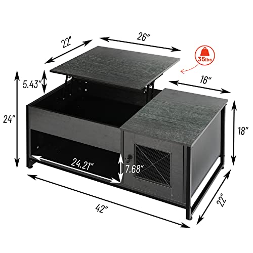 Lynslim Lift Top Coffee Table, Industrial Lift Tabletop Dining Table, 2-Tier Shelves Coffee Table With Hidden Compartment, Side Cabinet And Metal Mesh Doors, For Living Room Storage, Black #TOP3