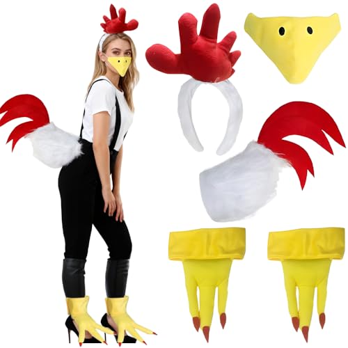 NAVESO Huhn Kostüm Set, 1 Satz Hühner Kostüm Erwachsene mit Hahn-haarbänder, Hühnernase, Hühnerfüße und Hühnerschwanz, Chicken Costume Faschingskostüm für Damen Herren
