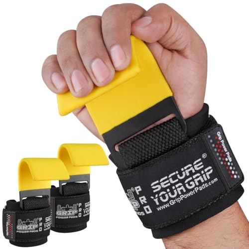 Grip Power Pads Heavy Duty PRO Metal Lifting Steel Hooks Weightlifting Set of 2 Premium Thick Padded Workout Hook Gloves (Men-Wrist Size Large, Yellow)