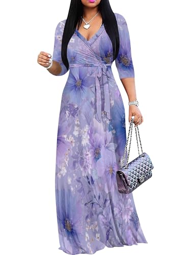 Image of PinkPatty Plus Size Maxi Dresses for Women Casual Flowy Long Dress 3 /4 Sleeve V Neck Wrap Dress with Belt