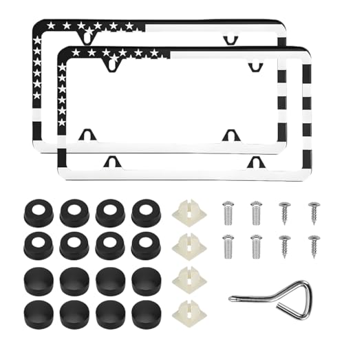 Wevdn 2 PCS American Flag License Plate Frames, Front Rear Patriotic USA Car Plate Frame, Aluminum License Plate Holder with Free Screws Fasteners Caps and Tool, Universal Car Accessory (White)