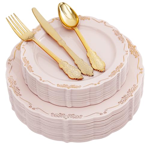 DaYammi 150Pcs Pink Gold Plastic Plates with Gold Silverware Set for Party