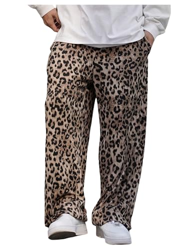 Men's Leopard Cheetah Pants Drawstring Elastic Waist Pants Y2K Straight Wide Leg Trousers