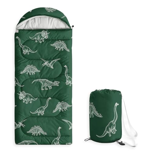 Wake In Cloud - Kids Sleeping Bag for Boys Toddlers, Camping in Warm Cold Weather, Backpacking Lightweight Compact Outdoor Liner for 3 Seasons, Dinosaur Sketch, Forest Green
