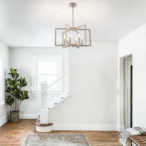MIAYBPH Dining Room Light Fixture, 6-Light Brushed Nickel Chandelier Modern Metal Industrial Chandelier Lighting for Farmhouse Living Room Kitchen Entryway (Nickel, E12 Bulbs Not Included) by MIAYBPH - Used condition - Image 5