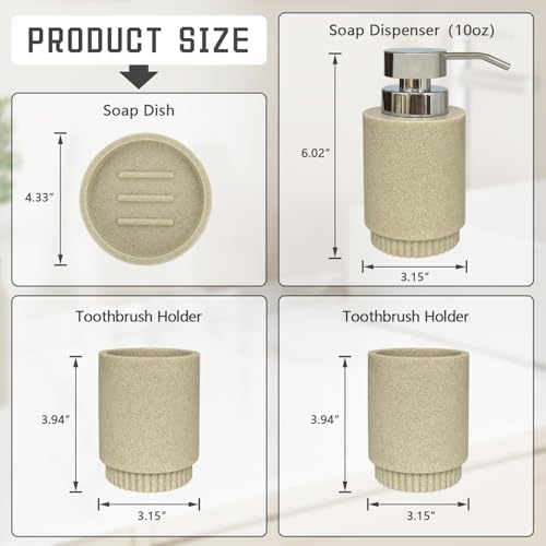 WEITESI HOME Resin Bathroom Accessories Set, 4 Pcs Modern Bathroom Accessory Set with Liquid Plastic Pump Lotion Soap Dispenser,2 Toothbrush Cup, Soap Dish Countertop Vanity Organizer (Beige) by WEITESI HOME - Image 3