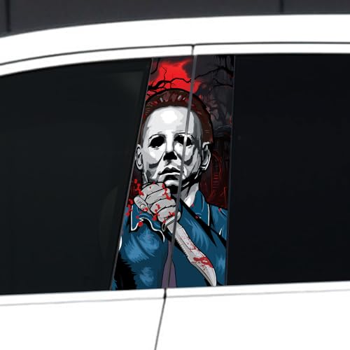 Image of Halloween Cars Body Horror Sticker, Horror Car Center Pillar Decals,Classic Movie Characters Michael Scary Child Door Window Pillar Posts Trim(Michael Killer)