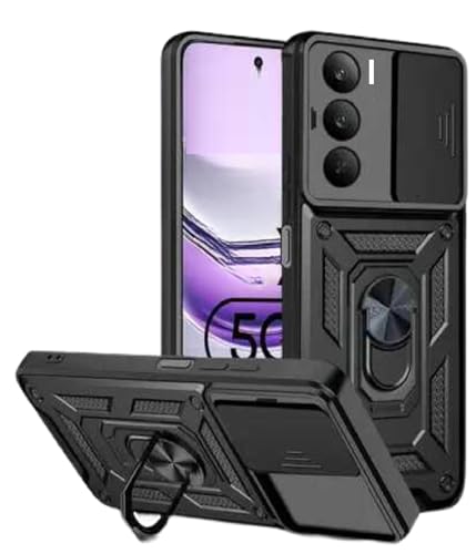 Image of SPAZY CASE Realme C73 5G Back Cover | Heavy Duty Hybrid Case with 360 Degree Rotating Finger Ring Holder + Slider Shutter Camera Protection Case for Realme C73 5G - Black