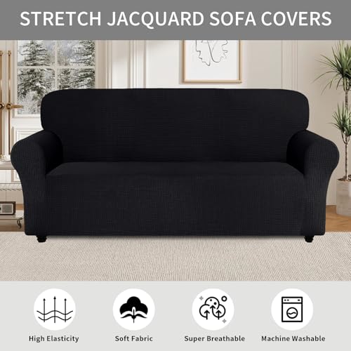 Easy-Going Housse Canapé 3 Places Extensible Jacquard Antidérapante Noir