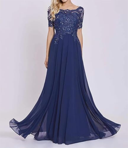 Chiffon Mother of The Bride Dresses Women's Lace Applique Beaded Formal Dresses Short Sleeve Evening Gowns4