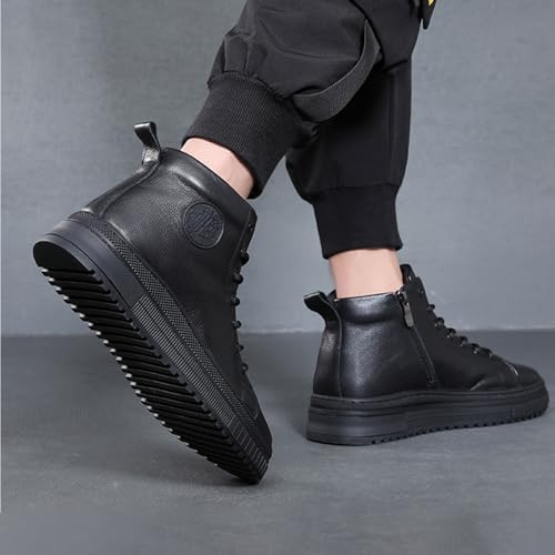 MOYOWEI Men's Black High-top Casual Leather Boots,Fall/Winter Round Toe Non-slip Side Zip Travel Height Sneakers Ankle Booties4