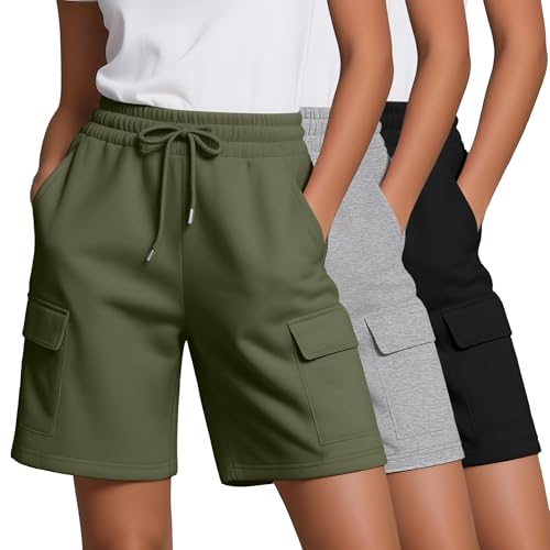 Neer 3 Pack Women's Bermuda Shorts with 4 Pockets,Black, Army Green, Light Gray,Large
