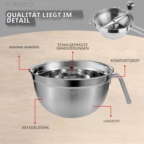 Foto von Edelstahlmühle mit 3 Siebeinsätzen, Edelstahl-Passiermühle mit Gourmet-Schüssel, für Konfitüre, Pürees, Suppen, Saucen und Babynahrung, multifunktionale Rührschüssel, Salatschüssel