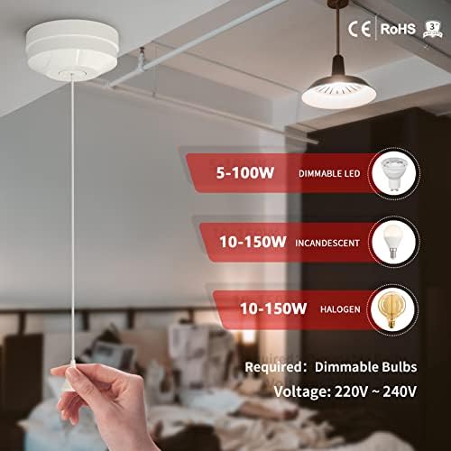 iolloi Pull Cord Dimmer Switch, Trailing-Edge Dimmer Switch For Dimmable LED,Incandescent and Halogen Bulbs, No Neutral Required,1 Gang, 3-100W (1-10 LEDs)