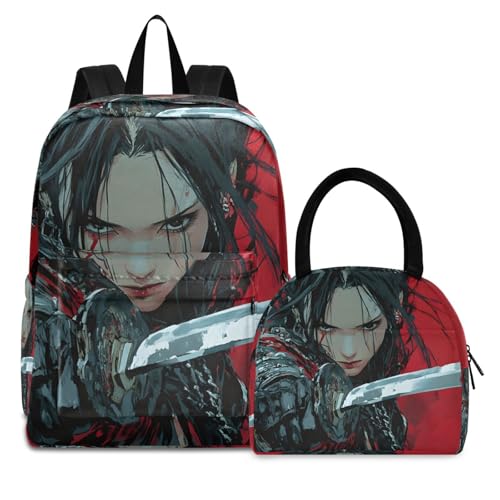 Backpack Lunch Box Set Large Capacity Travel Backpacks and Insulated Lunch Bag for Commute Hiking Picnic Japanese Anime Samurai Print
