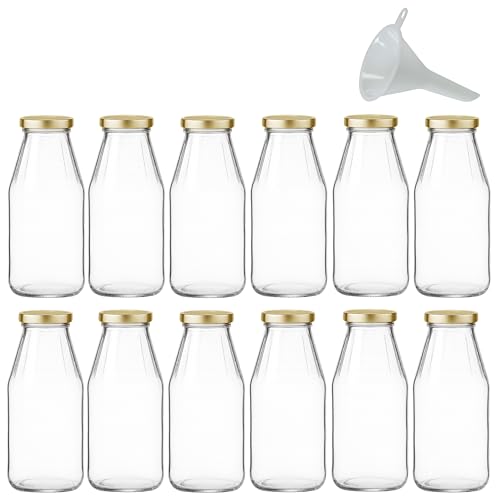 Foto von mikken 12 x Glasflasche 500 ml, Flasche mit Schraubverschluss gold inkl. Trichter