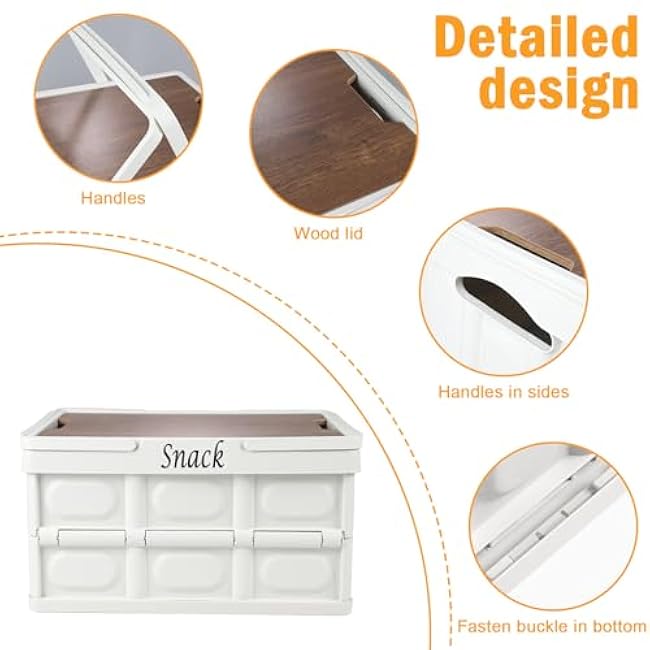 Foldable Snack Organizer, Large Snack Containers with Wooden Lid & Handles, Snack Bin Holder, Stackable Snack Storage for Snack Bar Station, Food Baskets for Car Trunk, RV Trip, Picnic