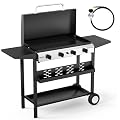 ROVSUN 4 Burner Portable Propane Griddle with Electronic Ignition, 40000 BTU Rolling Flat Top Gas Grill with Enameled Tray & Lid, Side Shelves & Regulator for Outdoor Cooking Camping BBQ Tailgating