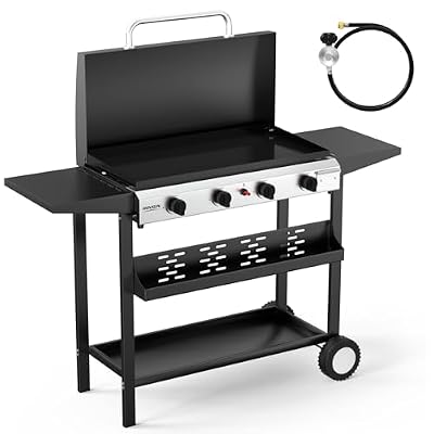 ROVSUN 4 Burner Portable Propane Griddle with Electronic Ignition, 40000 BTU Rolling Flat Top Gas Grill with Enameled Tray & Lid, Side Shelves & Regulator for Outdoor Cooking Camping BBQ Tailgating