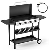 ROVSUN 4 Burner Portable Propane Griddle with Electronic Ignition, 40000 BTU Rolling Flat Top Gas Grill with Enameled Tray & Lid, Side Shelves & Regulator for Outdoor Cooking Camping BBQ Tailgating