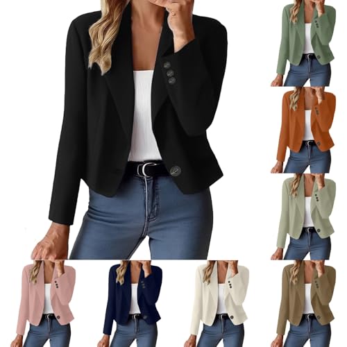 EMUKFD Blazers for Women UK Summer Cropped Cardigans Casual Smart Blazer Office Wear Autumn Open Front Long Sleeve Lightweight Jackets Wedding Formal Outfits Business Work Suit Jacket Black