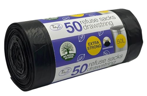 50 TidyZ Heavy-Duty Black Bin Bags. Made from 100% Recycled Plastic. Extra Strong Refuse Sacks. With Drawstring. 50L. For Kitchen, Office, General Household Waste. Leakproof