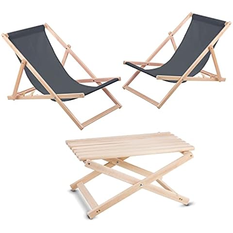 Woodok Garden Set of 2 Gray Wooden Deck Chairs and Table Beech Wood Loungers Balcony Garden Beach Cover