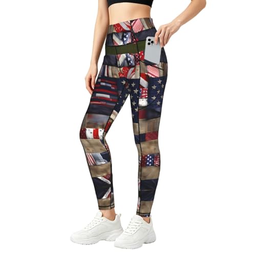 Legging femme imprimé patchwork américain élastique avec poches