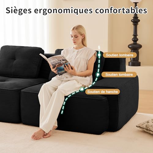 Canapé d'angle convertible velours côtelé noir Yihomfy