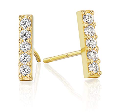 14K Solid Gold Cubic Zirconia Pave CZ Dainty Mini Bar Studs, Small Linear Bar Fine Jewelry Women's Stud Earrings