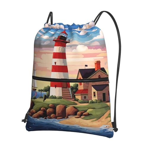 Drawstring Backpack Waterproof Draw String Bag Gym Drawstring Bags Coastal Lighthouse Swim Bag for Men Women
