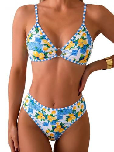 Image of Fanuerg Women's Triangle Bikini Sets O Ring Linked Two Piece Swimsuits Floral Printed Cheeky Bathing Suit