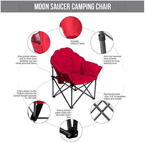 ALPHA CAMP Oversized Camping Chairs Padded Moon Round Chair Saucer Recliner Supports 500 lbs with Folding Cup Holder and Carry Bag,Red