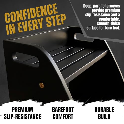 Image of Bamboo 2 Step Stool 300lbs Capacity, Wooden Two Step Stool with Non-Slip Handles, Heavy Duty Stepping Stool for Bedside High Beds Adults, Sturdy Small Bathroom Kitchen Black Step Stool