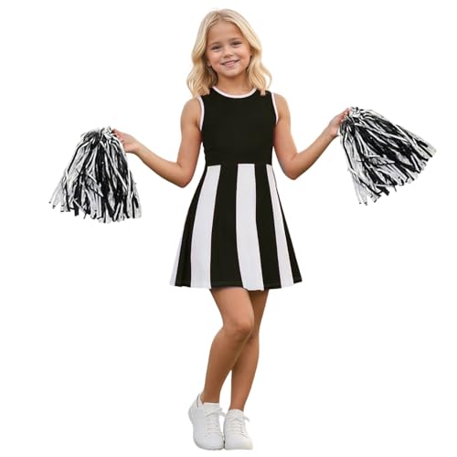 Generisch Costume de pom-pom girl pour enfant - Costume de pom-pom girl pour fille - Uniforme de carnaval - Costume de fête - Avec robe de pom-pom girl - Fleurs à la main 001 - Noir - 110