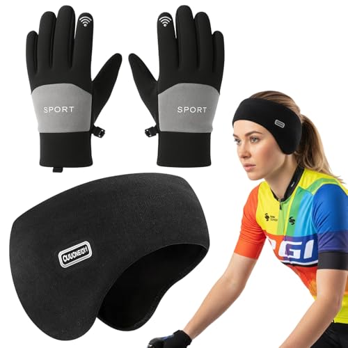 Stirnband Fahrradhelm Ohrenwärmer, Fahrradhandschuhe Damen Winter, Touchscreen Handschuhe Winter für Outdoor Sport, Radfahren, Skifahren