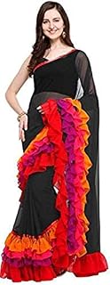 Women's Plain Weave Georgette Ruffle Saree With Blouse Piece