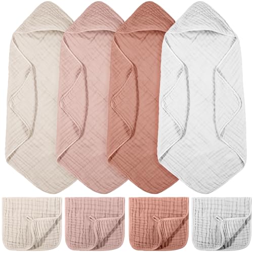 VitalCozy 8 Pcs Baby Muslin Hooded Bath Towels and Washcloths, Muslin Hooded Baby Towels Absorbent Blankets for Gift Newborn Infant Shower (Pink,White)