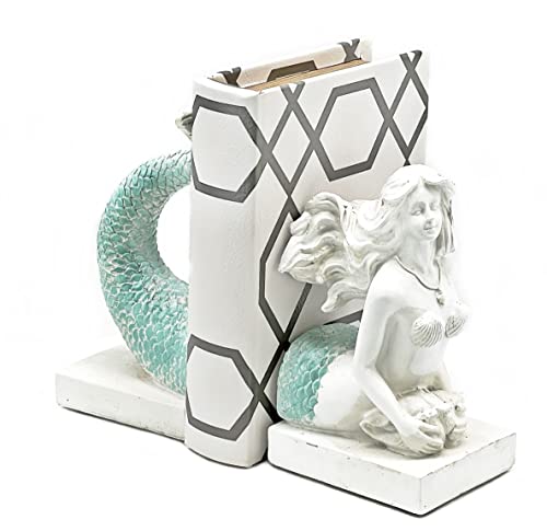 Bellaa 22975 Decorative Bookend Mermaid Antique Farmhouse Sailor Sea Nautical Coastal Fish Boho Beach Decor Retro Vintage Distressed White Turquoise 9 Inch #TOP21