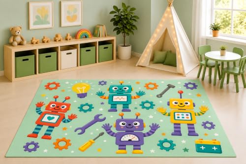 ICE ARMOR 5' x 7' Cute Robot STEM Area Rug for Kids Playroom Nursery Bedroom, Friendly Robots Gears Tools Science Cartoon Carpet, Non-Slip Silicone Backing Low Pile