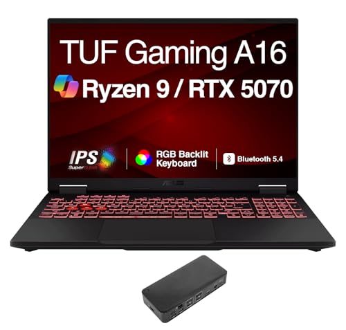 Image of ASUS TUF Gaming A16 AI Gaming Laptop 16.0 inch 165Hz IPS WUXGA Display (AMD Ryzen 9 270, GeForce RTX 5070 8GB, 64GB DDR5, 8TB PCIe SSD, RGB KB, WiFi 6E, Webcam, Win 11 Home) w /USB-C Dock