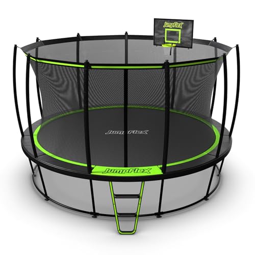 JumpFlex Trampoline with Basketball Hoop - Hero 12FT 14FT 15FT Round Outdoor Backyard Trampoline ASTM Approved with Net Safety Enclosure & Ladder Playset with Fast Assembly