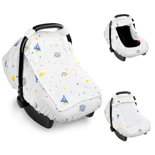Image of Hooyax Muslin Car Seat Cover Baby, Summer Car Seat Covers for Babies, Infants, and Newborns, Ultra Soft Breathable Universal Fit Stroller Carseat Canopy Covers for Boys Girls (Planet)