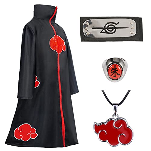 Amycute Costume Akatsuki Itachi Cape Cosplay Deguisement Akatsuki Uchiha Itachi Avec Bandeau Collier Bague Ninja Accessoires Anime Carnaval Halloween Noël pour Adulte Enfant Ados (L)