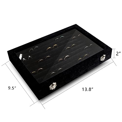 Frebeauty Rings/Earrings Organizer Tray with Clear Lid 10 Slots Velvet Drawer Insert Jewelry Storage box with Transparent Glass lid Jewelry Display Case Showcase Gift for Girls Women (Black, 10 Slots) by Frebeauty - Image 2