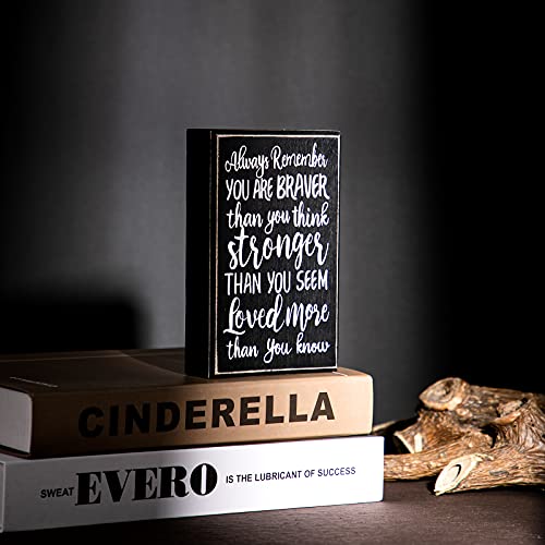 Always Remember You Are Braver Than You Think, Inspirational Wood Plaque Inspirational Desk Decor Positive Wall Box Sign For Women, Family, Friend (Black Backing) #TOP4