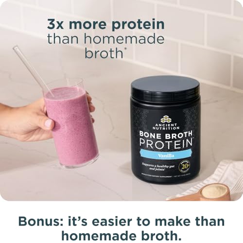 Image of Ancient Nutrition Grass Fed, Bone Broth Protein Powder, 20g Protein, Hydrolyzed Collagen Peptides, Keto & Paleo Friendly, Supports Joint, Gut Health, Vanilla, 15 Servings